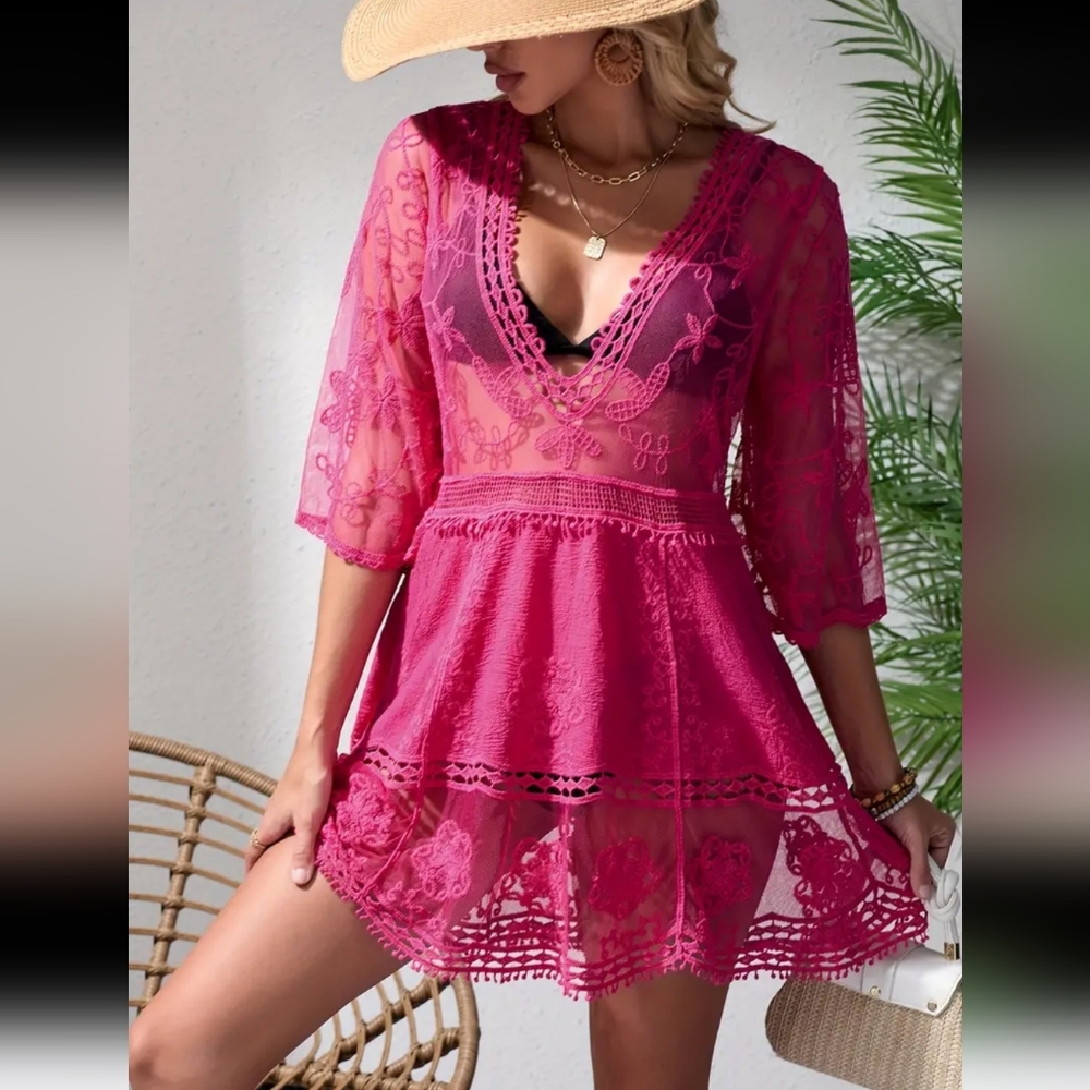 Elegant Deep Pink Embroidered Lace Swim Cover-Up